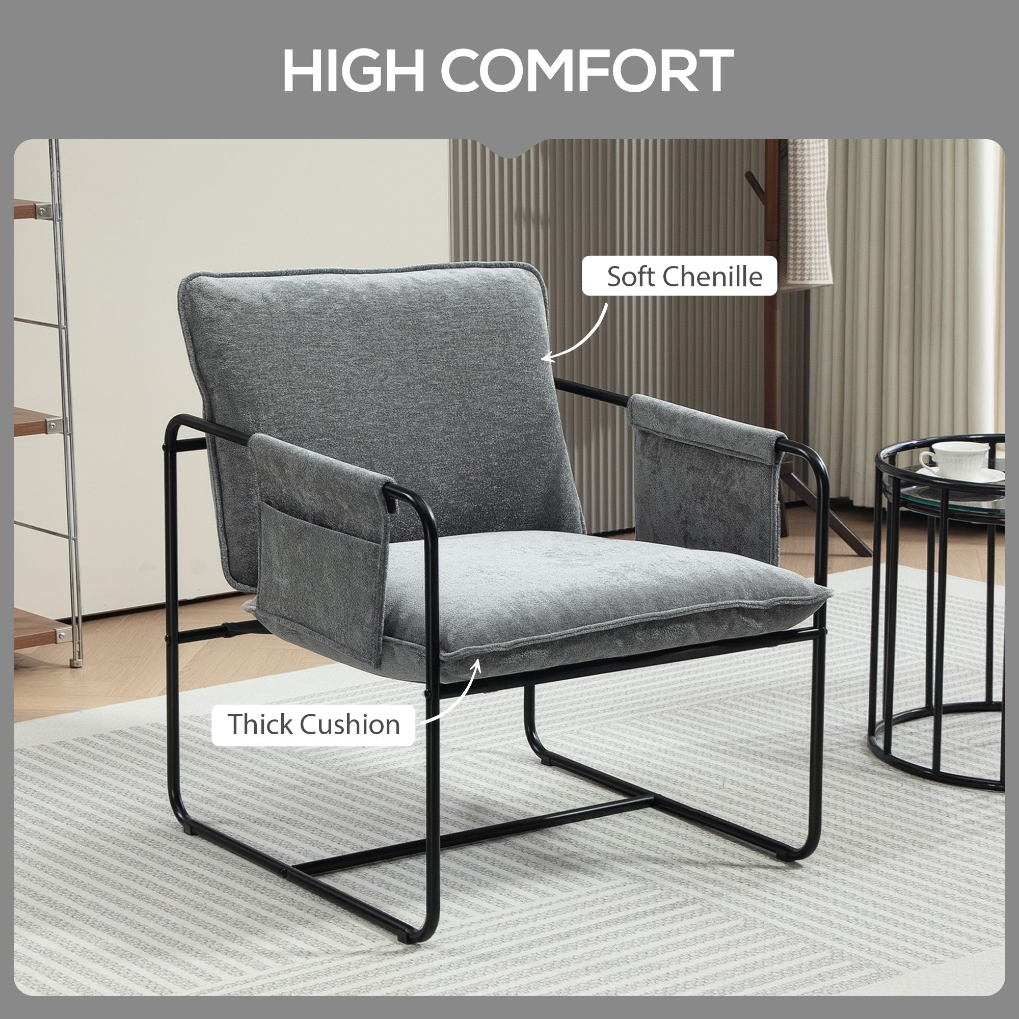HOMCOM Minimal Padded Accent Chair, with Pockets - Grey 