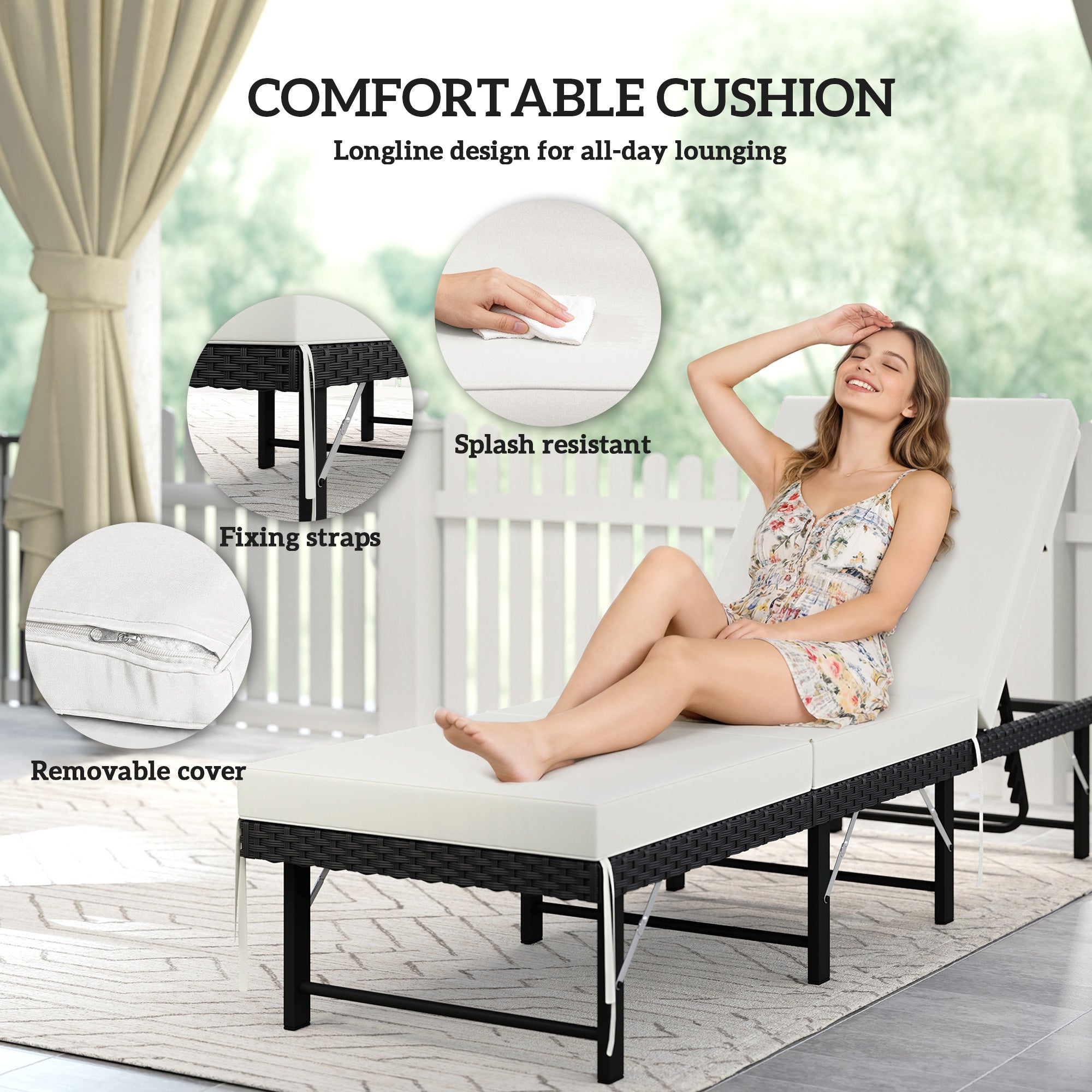 Outsunny Single Folding Rattan Sun Lounger, with Cushion - Black 