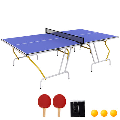SPORTNOW 9FT Foldable Table Tennis Table, with Cover, Net, Paddles, Balls - Blue 