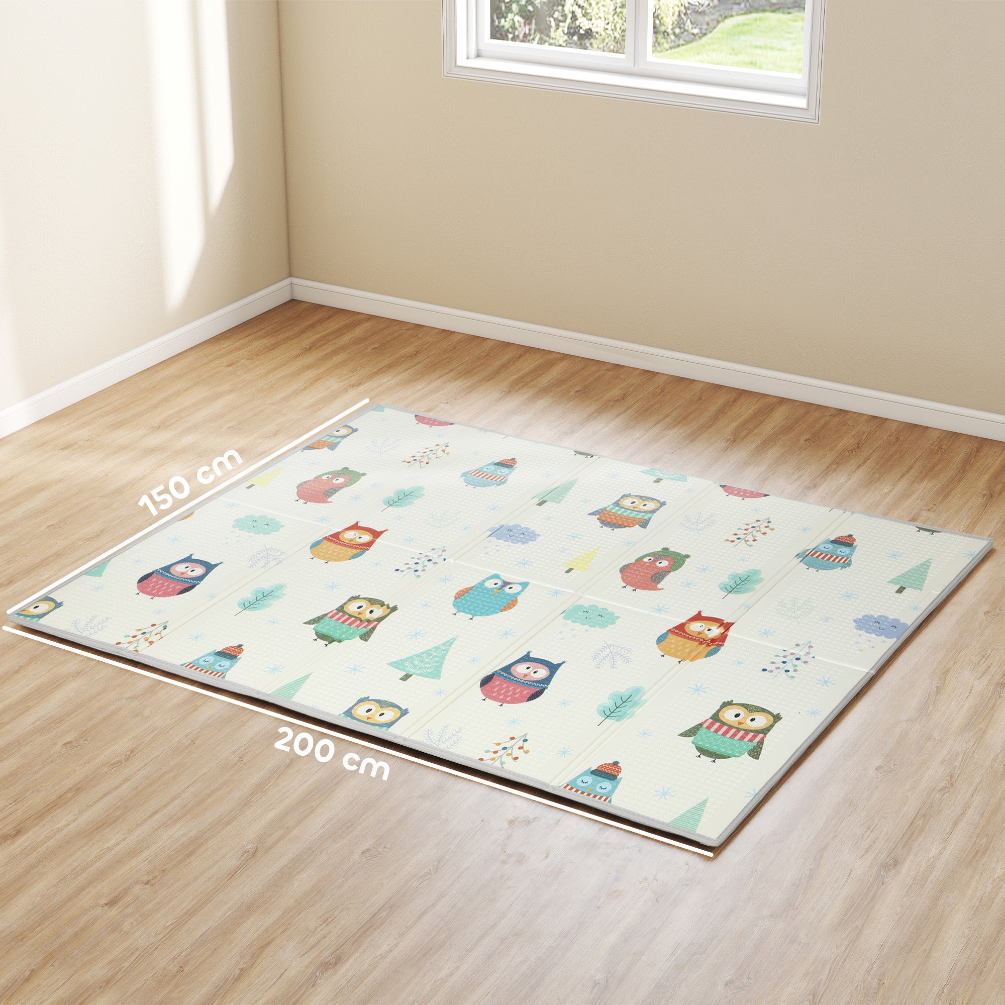 AIYAPLAY Foldable Baby Plat Mat Double Sided, Kids Floor Mat for Crawling, 200L x 150W cm, Car track and Owl Theme 