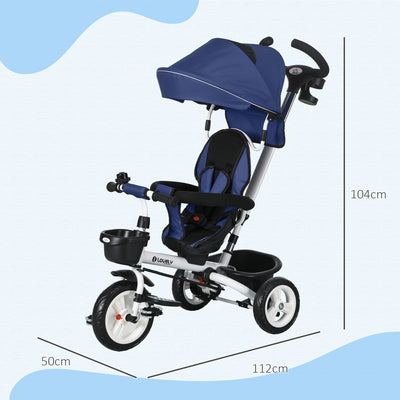 HOMCOM Metal Frame 6 in 1 Baby Push Tricycle with Parent Handle for 1-5 Years Old, Dark Blue 