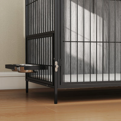 PawHut Large Dog Crate Furniture with Rotating Bowl Holder, 2 Bowls, 2 Doors, for Large Dogs, 100 x 60 x 88 cm, Grey 