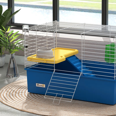 PawHut Chinchillas Small Rabbit Guinea Pig Small Animal Cage, Pet Playhouse, with Platform, Ramp, 71 x 46 x 47cm, Blue 