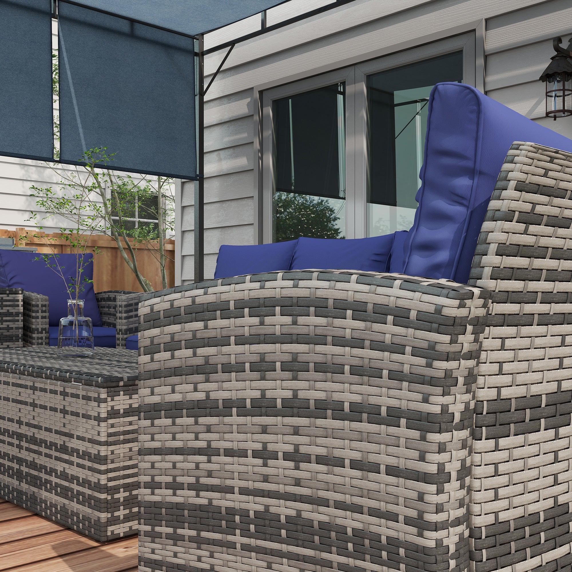 Outsunny 6 Pieces Rattan Garden Furniture Set, 7 Seater Wicker Outdoor Furniture Set with Storage Tea Table & Side Table, Sectional Garden Sofa Set with Cushions, Navy Blue 