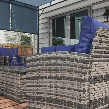 Outsunny 6 Pieces Rattan Garden Furniture Set, 7 Seater Wicker Outdoor Furniture Set with Storage Tea Table & Side Table, Sectional Garden Sofa Set with Cushions, Navy Blue 
