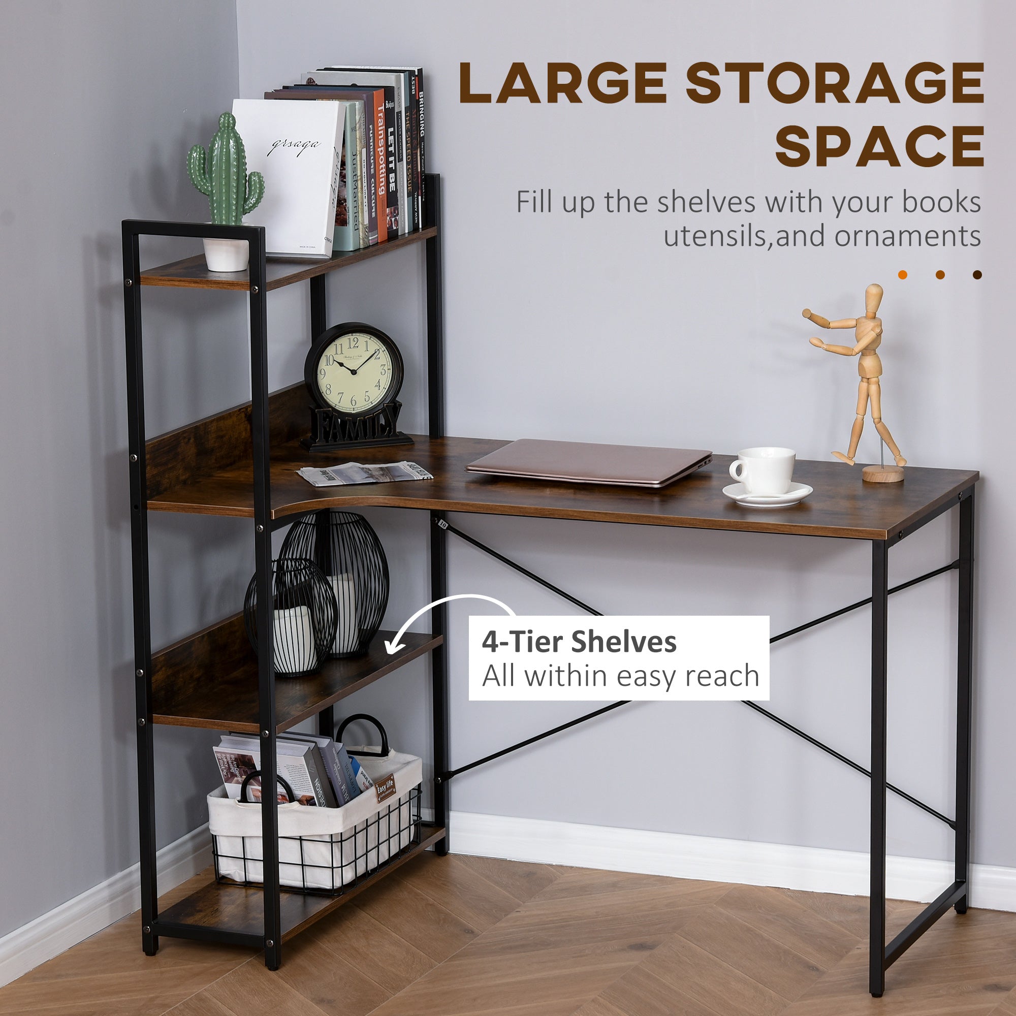 HOMCOM Computer Desk with Storage Shelves 120 CM Corner Desk, Computer Desk Writing Table with Metal Frame for Home Office Small Space, Rustic Brown 