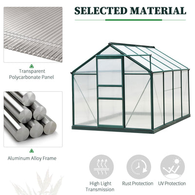 Outsunny 6 x 8ft Polycarbonate Greenhouse, Large Walk-In Green House with Slide Door and Window, Garden Plants Grow House with Aluminium Frame and Foundation, Dark Green 