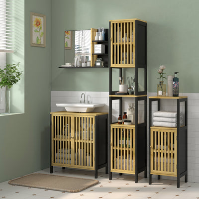 HOMCOM Bamboo Panel Bathroom Mirror, with Shelves 