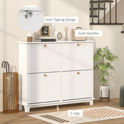 HOMCOM Narrow Shoe Storage Cabinet, Slim Shoe Cabinet with 4 Flip Drawers, Adjustable Shelves for 16 Pairs of Shoes, White 