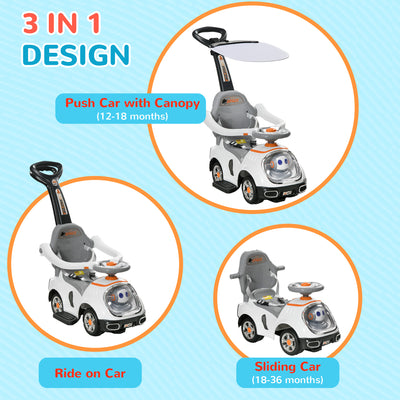 AIYAPLAY 3 in 1 Ride on Push Car, Cartoon Robot Theme Foot to Floor Slider w/ Handle Light Music Horn, Storage - White 