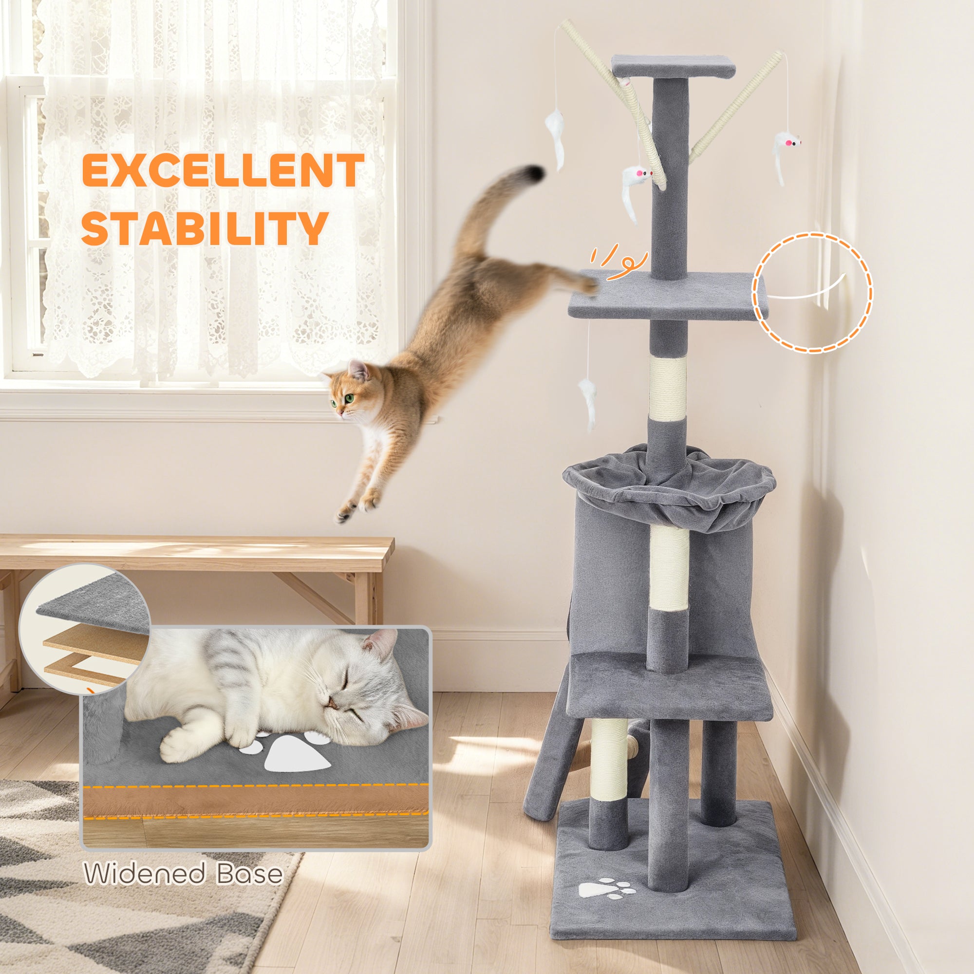 PawHut Multi-Level Cat Tower, 134cm Cat Tree with Condo and Sisal Scratching Posts for Indoor Kittens, Grey 