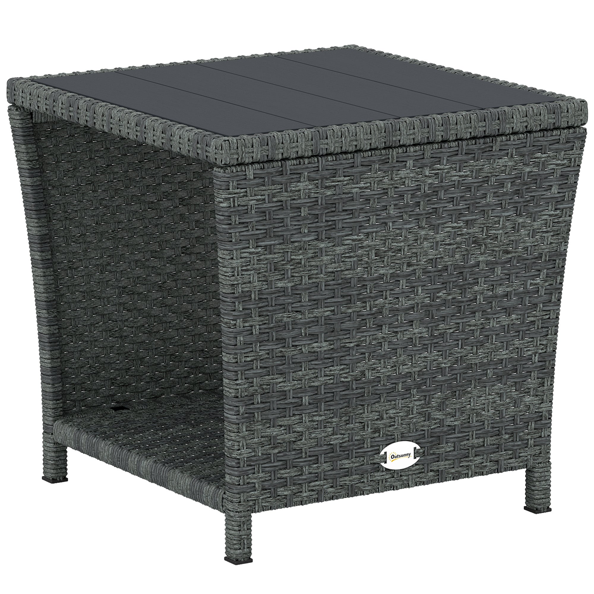 Outsunny Side Table 2-Tier Outdoor Coffee Table with Storage Shelf PS Wood Slat Top/Grey 