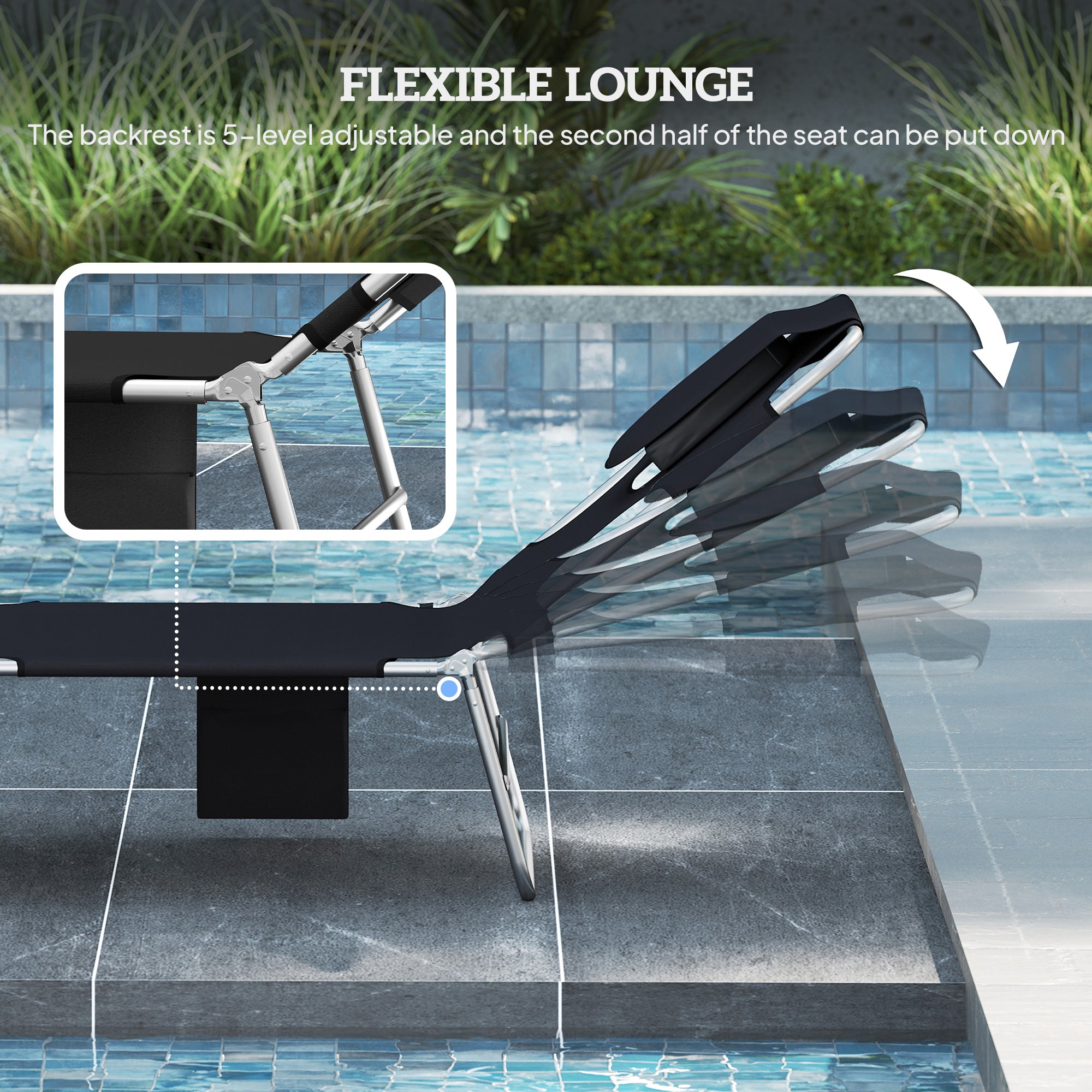 Outsunny 5-Position Adjustable Sun Loungers Set of 2 with Reading Hole and Side Pocket, Black 