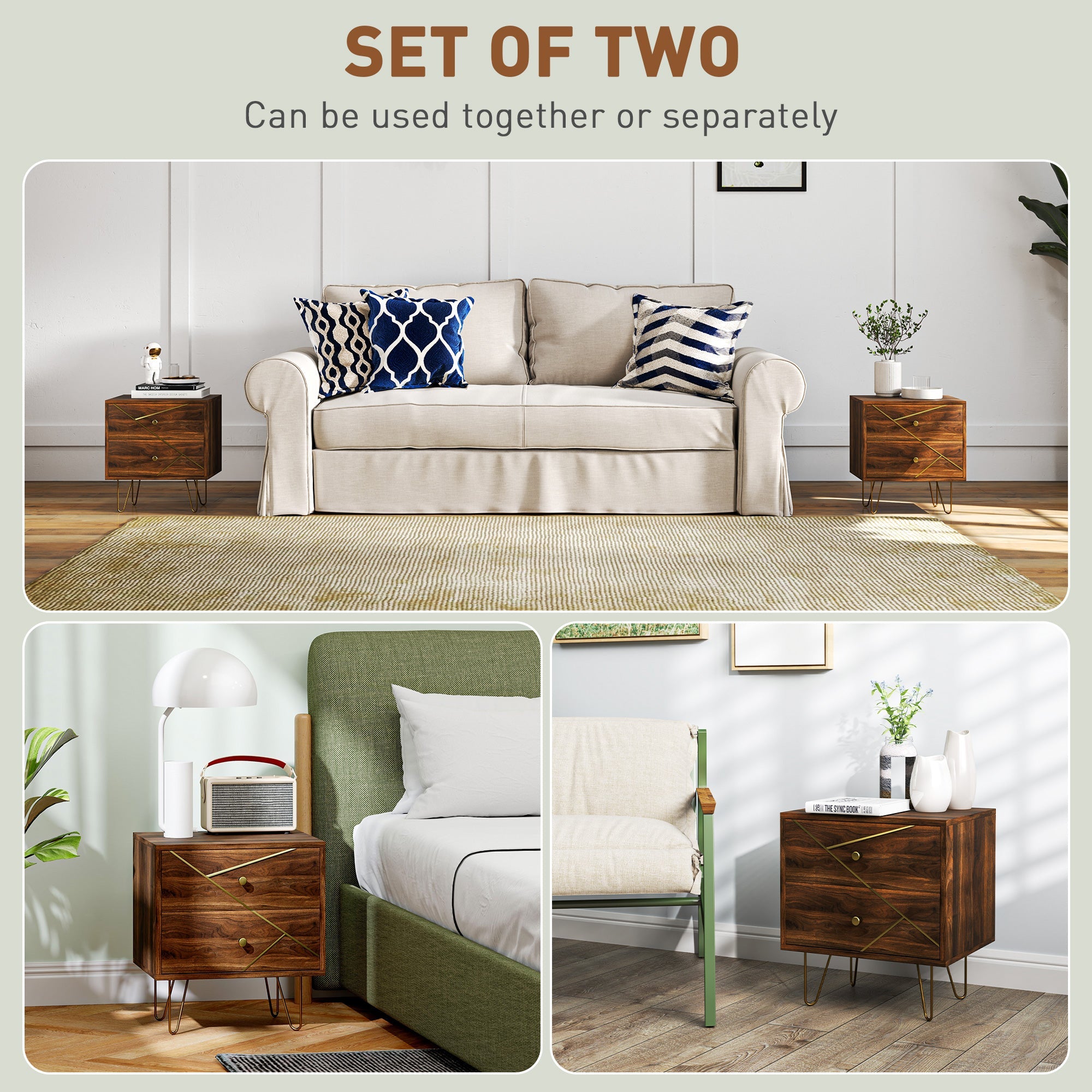 HOMCOM Bedside Tables Set of 2, Modern Side Table Set with 2 Drawers and Steel Hairpin Legs, Nightstand for Bedroom, Brown Wood Grain 
