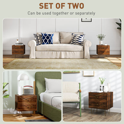 HOMCOM Bedside Tables Set of 2, Modern Side Table Set with 2 Drawers and Steel Hairpin Legs, Nightstand for Bedroom, Brown Wood Grain 