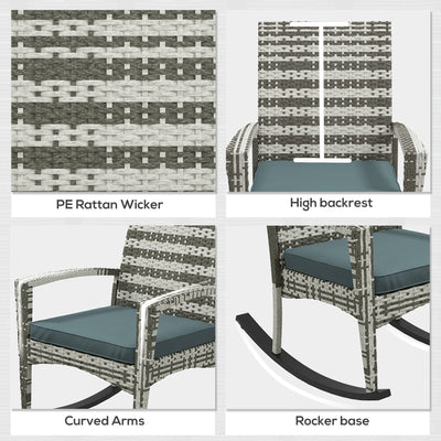 Outsunny Outdoor PE Rattan Rocking Chair, Garden Rocking Chair Set with Armrest and Cushion, Light Grey 