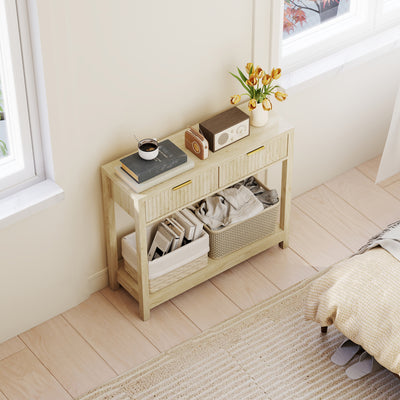 HOMCOM Modern Console Table with Fluted Panel Drawers, Narrow Hallway Table with Shelf for Entryway, Living Room, 90 x 30 x 76 cm, Natural Wood Finish 