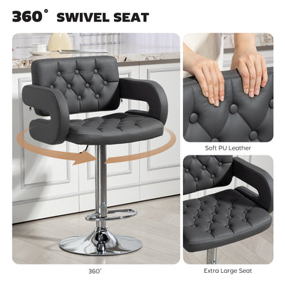 HOMCOM PU Leather Upholstered Swivel Bar Stool, Height Adjustable with Back, Armrest, Footrest, Grey 