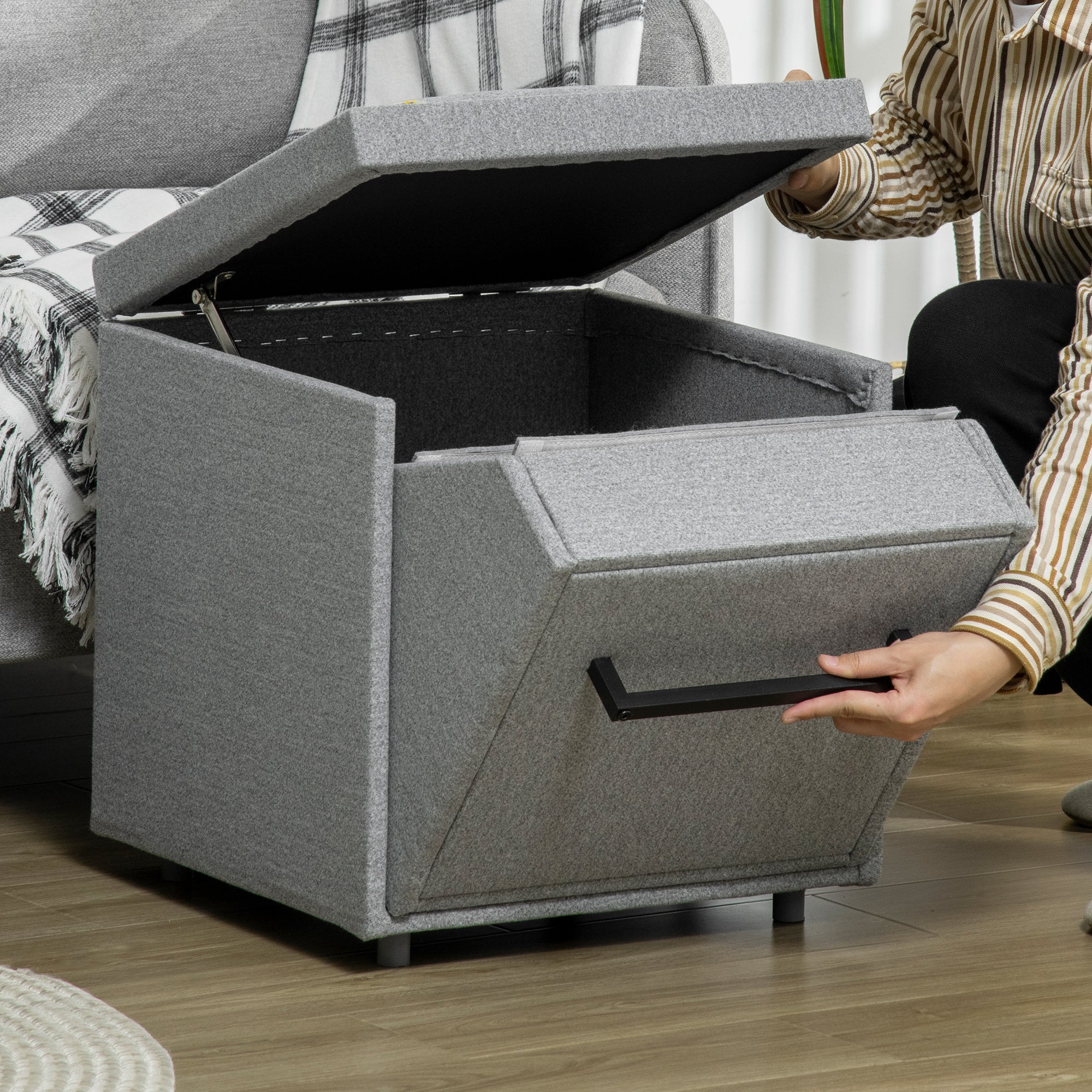 PawHut 2 in 1 Dog Steps Ottoman, Four-Tier Pet Stairs, for Small, Medium Dogs and Cats, with Storage Compartment - Grey 