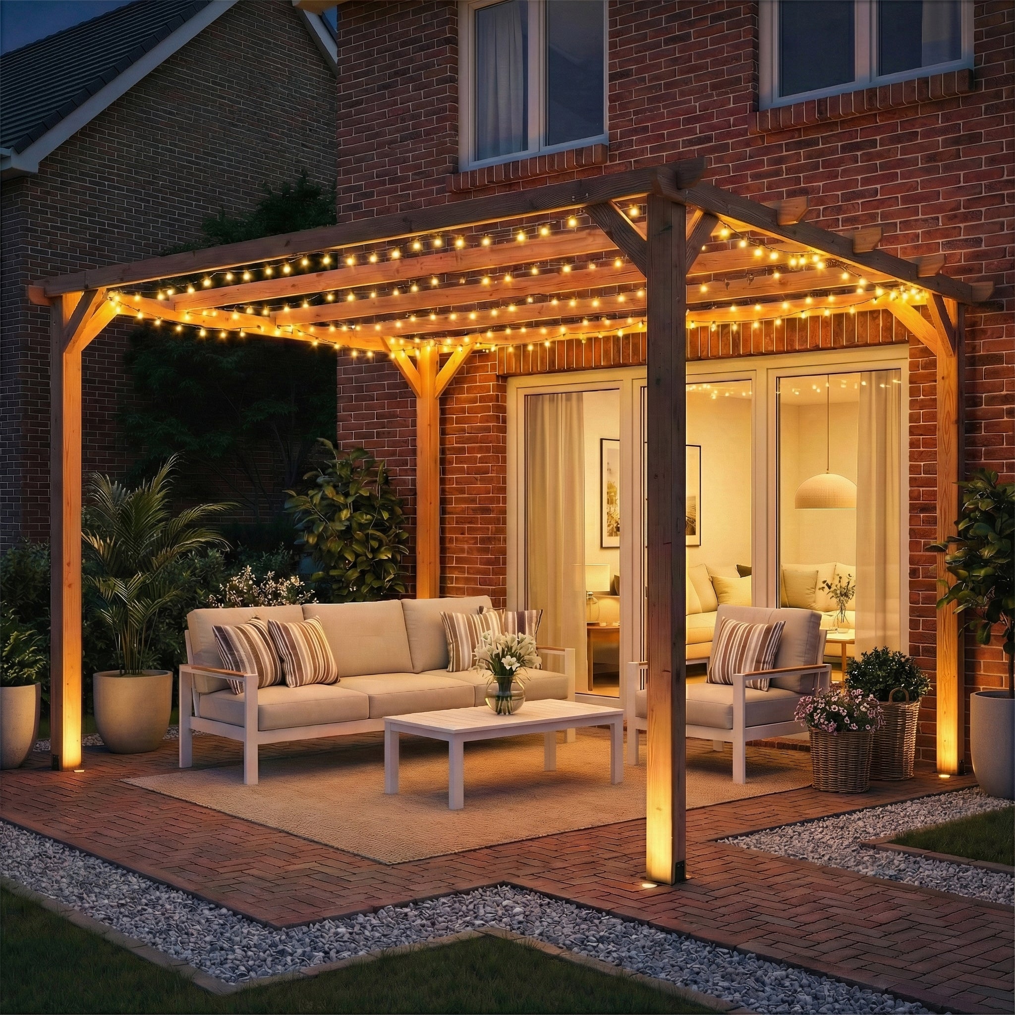 Outsunny 3 x 3 m Wooden Pergola Kit, Garden Pergola Gazebo Grape Trellis with Triangle Supports, 5 Beams, Maple Wood-effect 