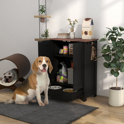 PawHut Pet Feeding Station with Raised Dog Bowls, Adjustable Panel, Hooks, Black 
