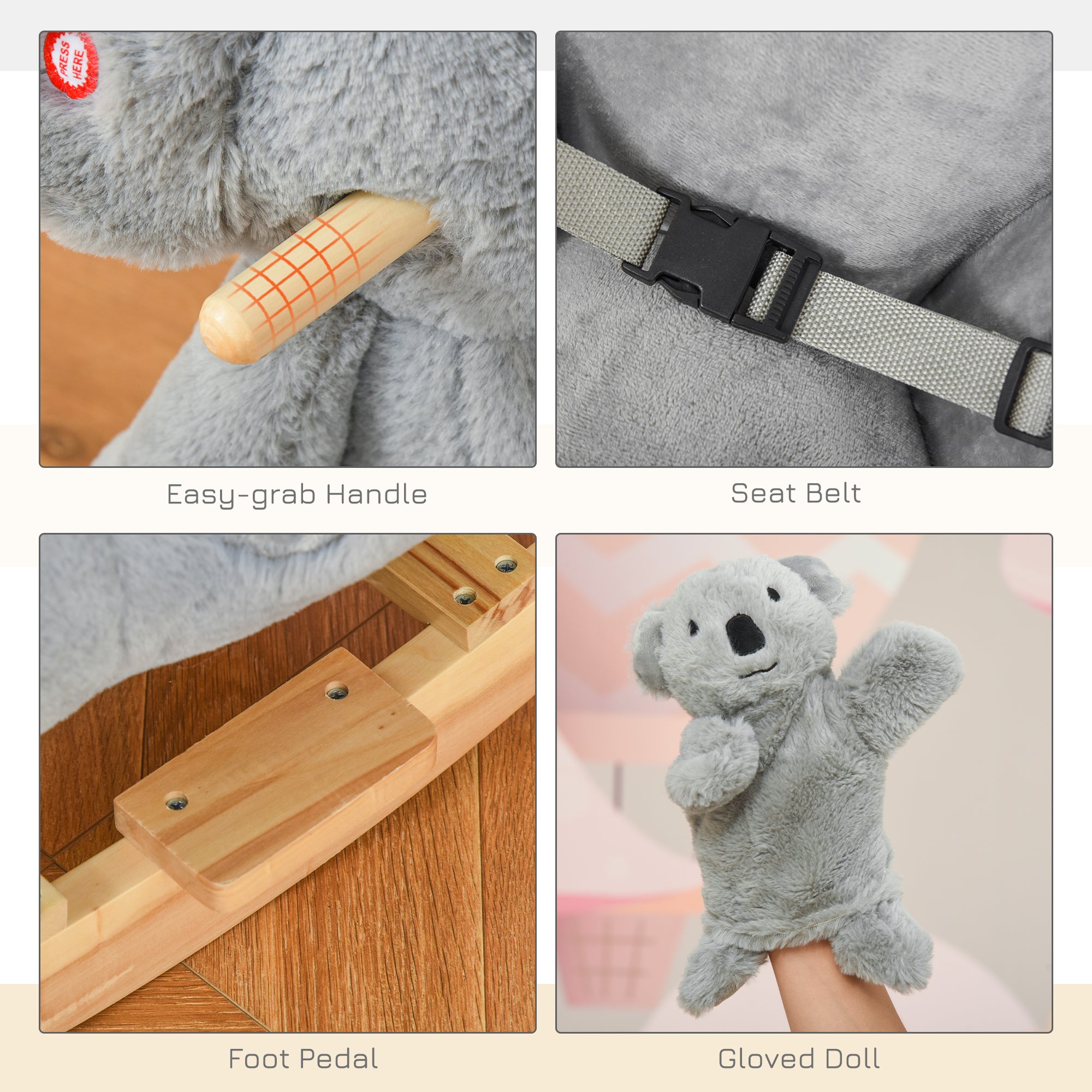 HOMCOM Kids Toddler Rocking Horse Plush Ride On Koala Rocker Wooden Base Seat Safety Belt w/ Gloved Doll Toy for 18-36 Months Grey 