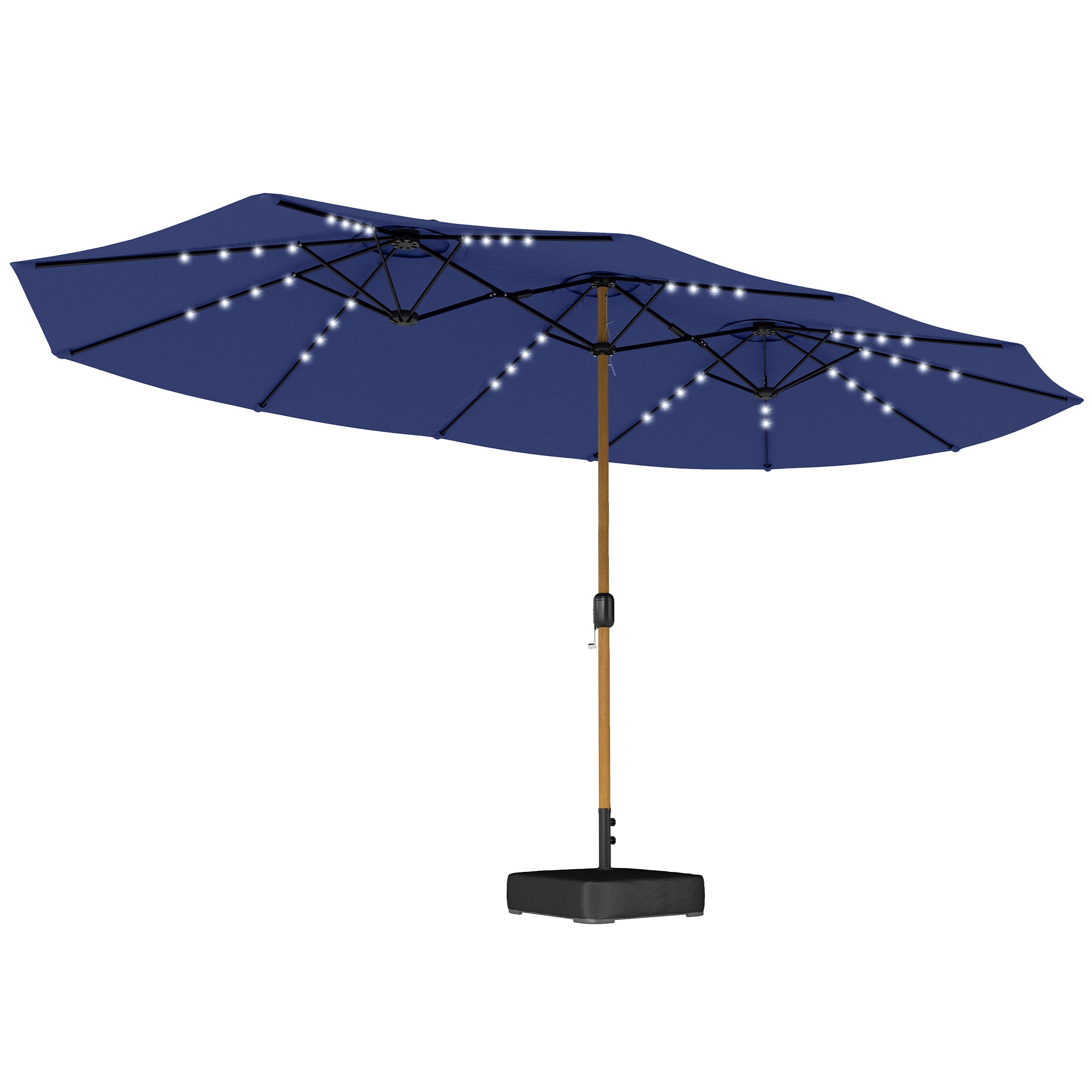 Outsunny Double Sided Garden Parasol with Base Included & 48 Solar LED Lights Patio Umbrella Crank Handle 4.6m Dark Blue 