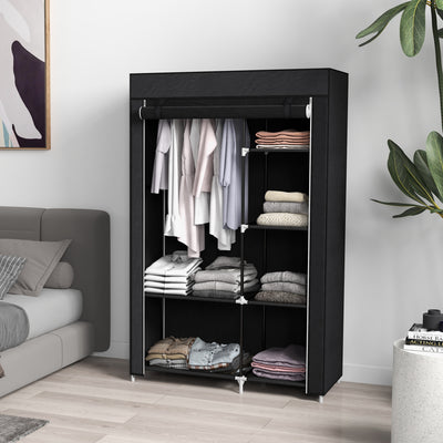 HOMCOM Fabric Wardrobe, Portable Wardrobe with 6 Shelves, 1 Hanging Rail, Foldable Closets, 103 x 43 x 162.5 cm, Black 