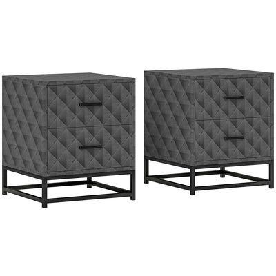 HOMCOM Bedside Tables Set of 2, Modern Bedside Table Nightstand with 2 Drawers, Bedside Cabinet Sofa Side Table with Storage, Steel Legs for Bedroom, Living Room, Grey 