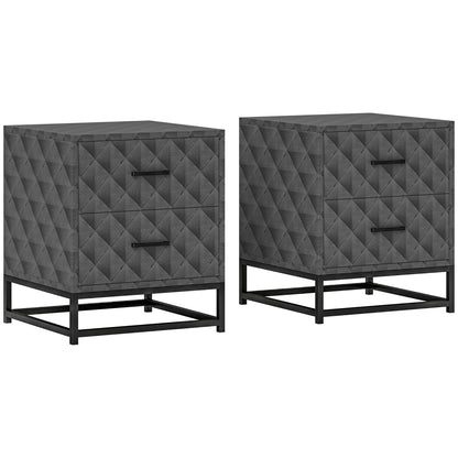 HOMCOM Bedside Tables Set of 2, Modern Bedside Table Nightstand with 2 Drawers, Bedside Cabinet Sofa Side Table with Storage, Steel Legs for Bedroom, Living Room, Grey