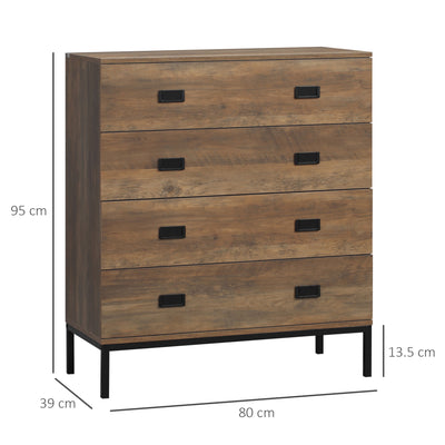 HOMCOM Chest of Drawers, 4-Drawer Storage Organiser Unit with Metal Frame for Bedroom, Living Room, Brown 