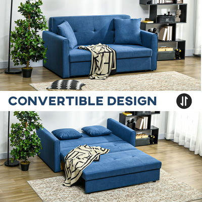 HOMCOM 2 Seater Sofa Bed, Convertible Bed Settee, Modern Fabric Loveseat Sofa Couch with 2 Cushions, Hidden Storage for Living Room, Guest Room, Deep Blue 