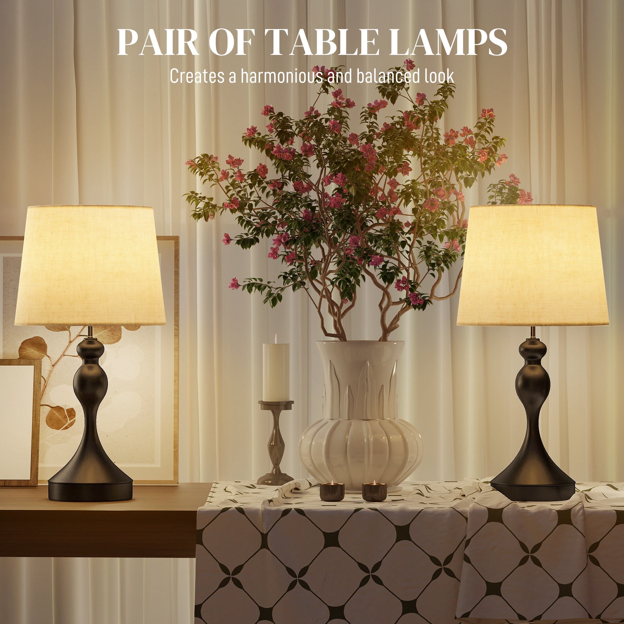 HOMCOM Set of Two Three-Colour Lamps, with USB Ports - Black/Beige 