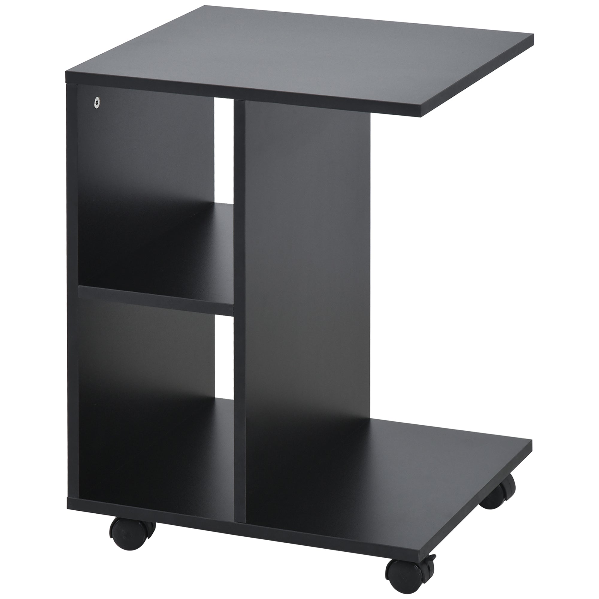 HOMCOM C-Shape End Table Unique Storage Unit w/ 2 Shelves 4 Wheels Freestanding Home Furniture Cabinet Square Black 