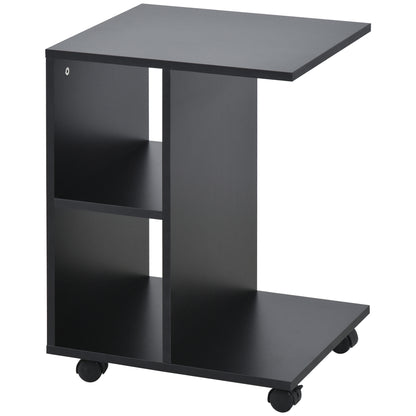 HOMCOM C-Shape End Table Unique Storage Unit w/ 2 Shelves 4 Wheels Freestanding Home Furniture Cabinet Square Black 