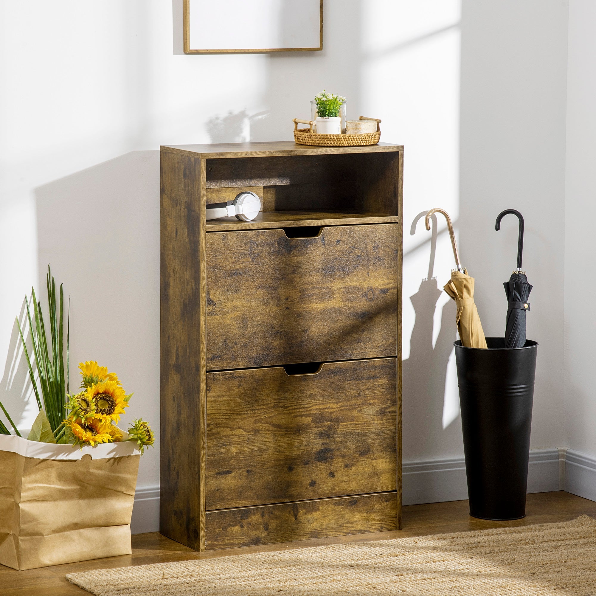 HOMCOM Shoe Cabinet with 2 Flip Doors, Slim 2-Drawer Shoe Cupboard with Adjustable Divider and Open Compartment for 12 Pairs of Shoes, Entryway Storage Unit, Rustic Brown 