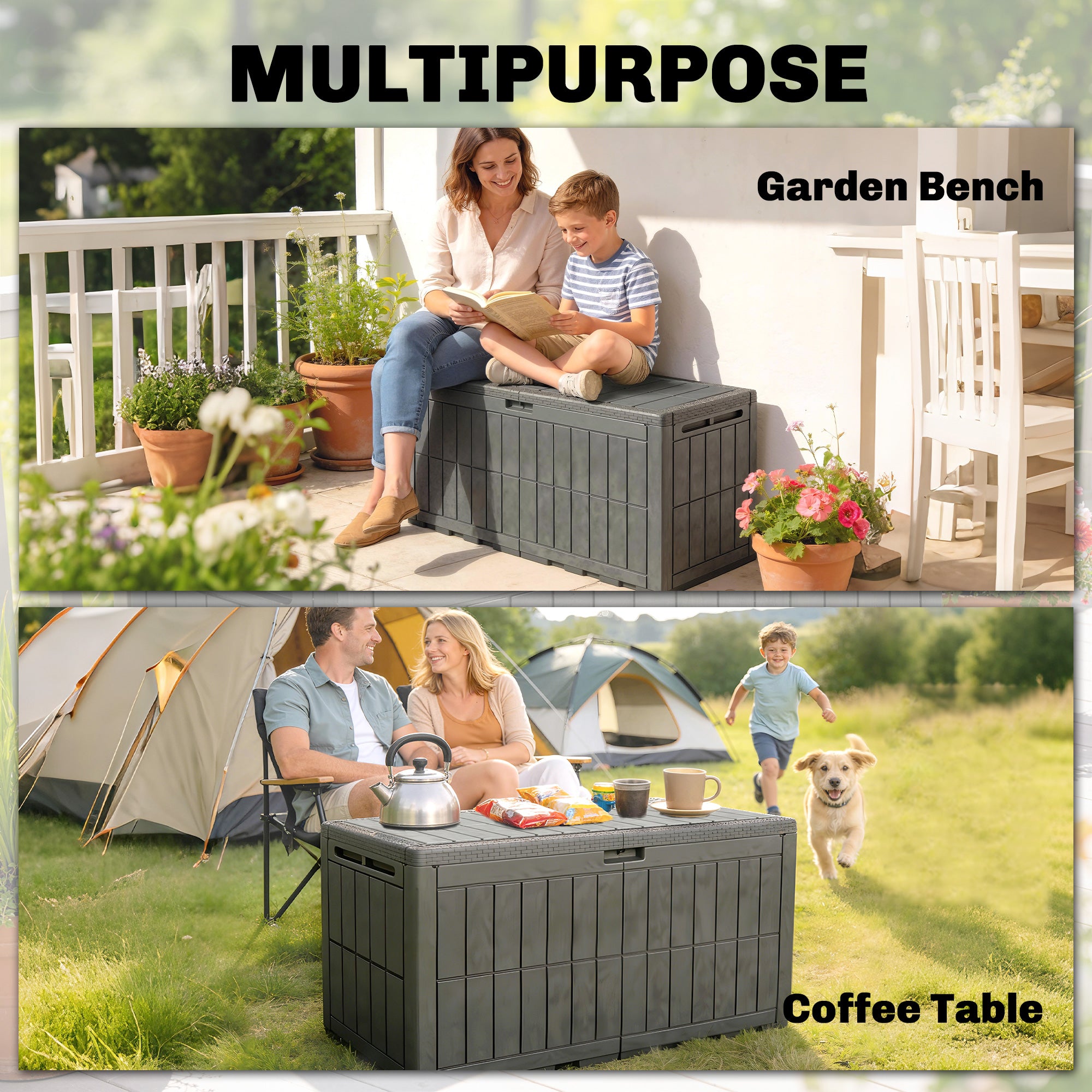 Outsunny 440L Garden Storage Box, Waterproof & UV Resistant Resin Deck Box with Lockable Lid, Pneumatic Gas Rods, Side Handles 