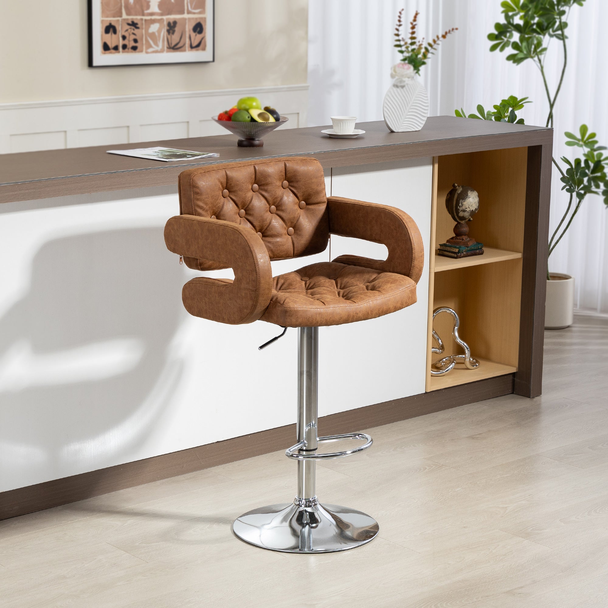 HOMCOM PU Leather Upholstered Swivel Bar Stool, Height Adjustable with Back, Armrest, Footrest, Brown 
