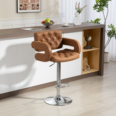 HOMCOM PU Leather Upholstered Swivel Bar Stool, Height Adjustable with Back, Armrest, Footrest, Brown 