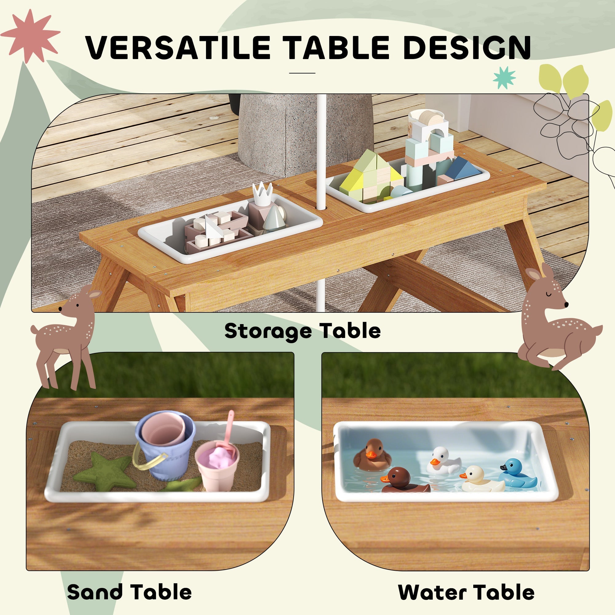 AIYAPLAY Kids Picnic Table, Sand and Water Table with Wooden Benches, Adjustable Parasol and Storage Bins, Multicolour 