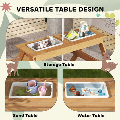 AIYAPLAY Kids Picnic Table, Sand and Water Table with Wooden Benches, Adjustable Parasol and Storage Bins, Multicolour 