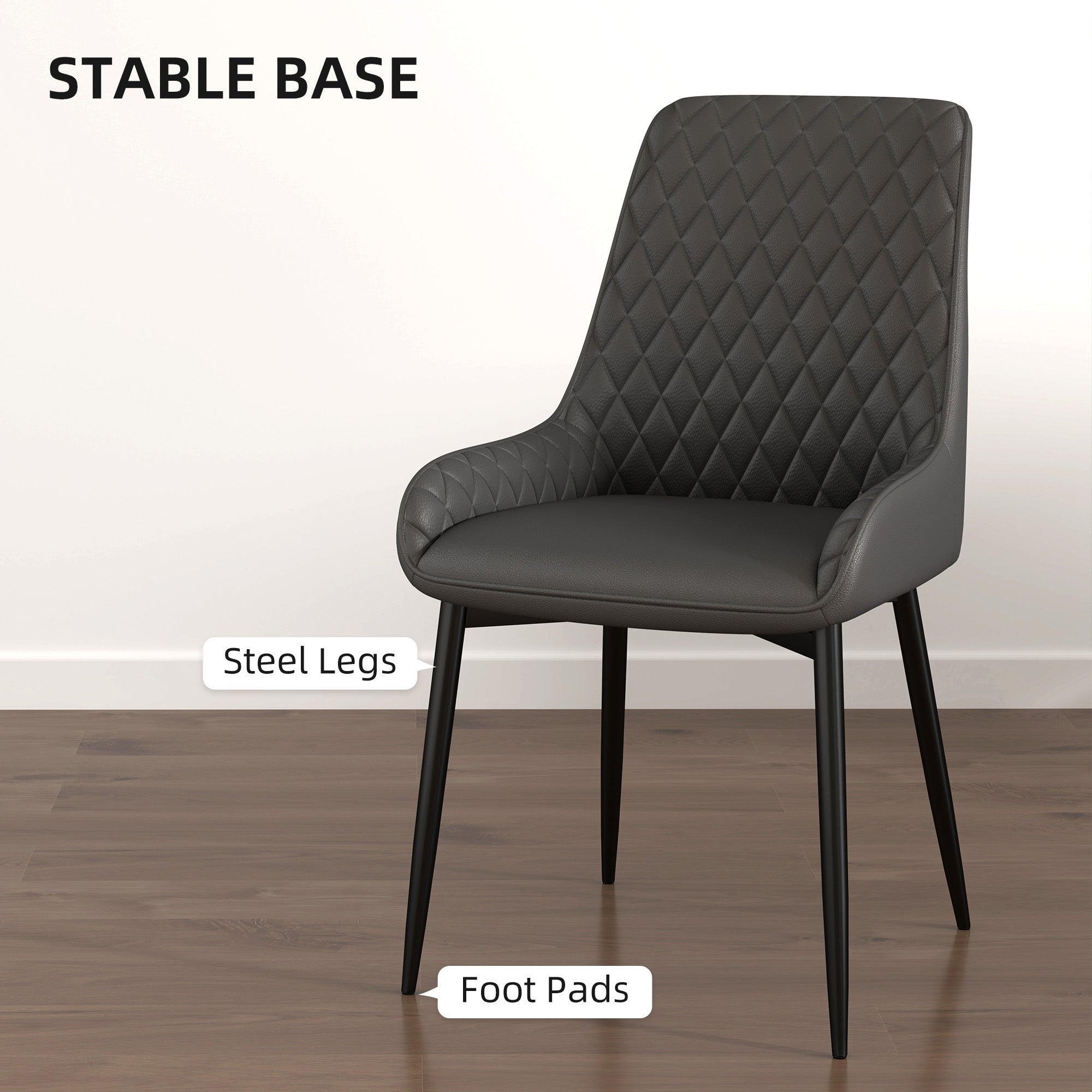 HOMCOM Set of 4 Quilted PU Leather Dining Chairs with Metal Frame 4 Legs Foot Caps Home Seating Modern Stylish Executive, Grey