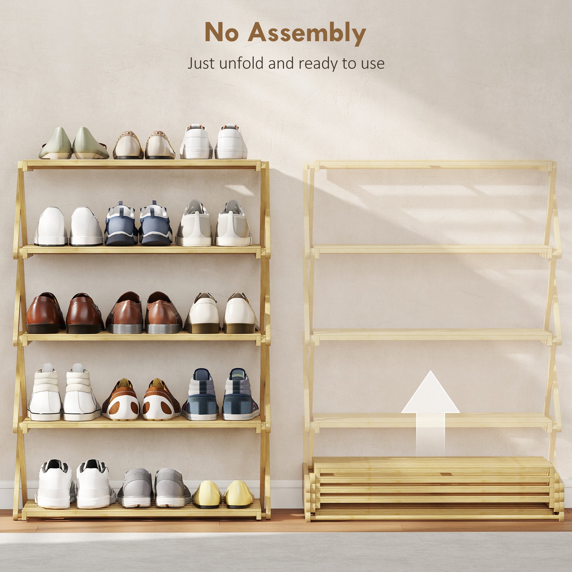 HOMCOM Five-Tier Folding Bamboo Shoe Rack - Natural Finish 