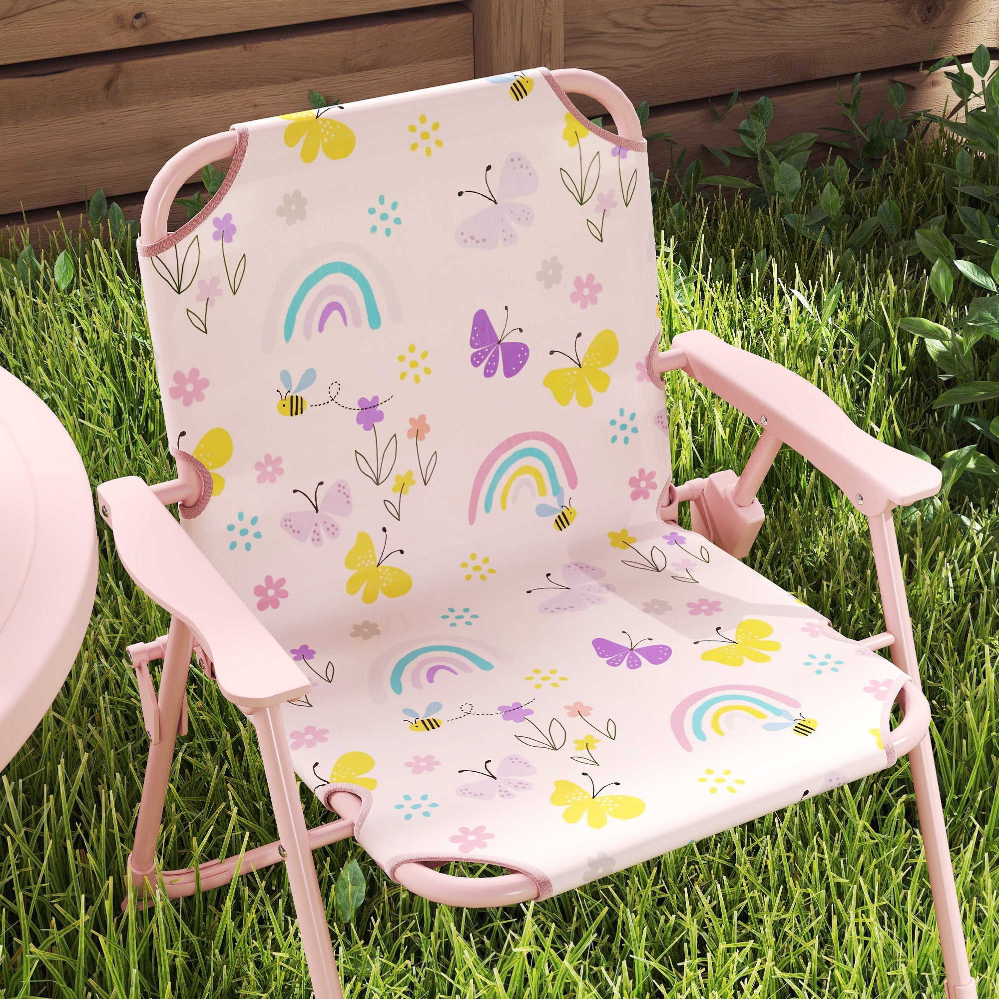 AIYAPLAY 4 Pieces Kids Garden Table and Chair Set with Adjustable Parasol, Folding Chairs, Table, Rainbow Pattern, Pink 