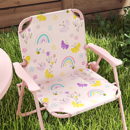 AIYAPLAY 4 Pieces Kids Garden Table and Chair Set with Adjustable Parasol, Folding Chairs, Table, Rainbow Pattern, Pink 