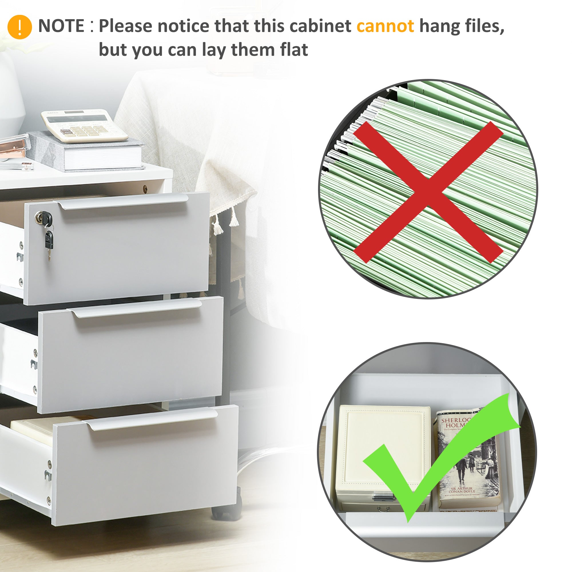 HOMCOM 3-Drawer Lockable Filing Cabinet, File Cabinet on Wheels, Mobile Office Storage Drawers for Home Office, Bedroom and Living room, White and Grey 