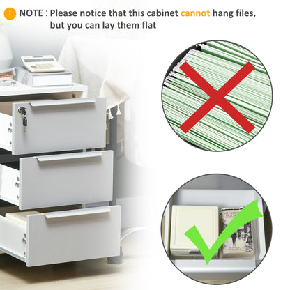 HOMCOM 3-Drawer Lockable Filing Cabinet, File Cabinet on Wheels, Mobile Office Storage Drawers for Home Office, Bedroom and Living room, White and Grey 