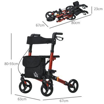 HOMCOM 4 Wheel Rollator with Seat and Back, Folding Mobility Walker with Carry Bag, Adjustable Height, Dual Brakes, Cane Holder, Lightweight Aluminium Walking Frame for Seniors and Disabled, Red 