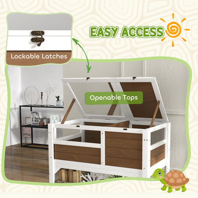 PawHut Wooden Tortoise House, with Shelter, Run, Shelf, Lamp Holder, Tray - Brown 