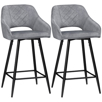 HOMCOM Bar Stools Set of 2, Velvet-Touch Fabric Counter Height Bar Chairs, Kitchen Stools with Steel Legs for Dining Area, Kitchen Island Barstools, Grey 
